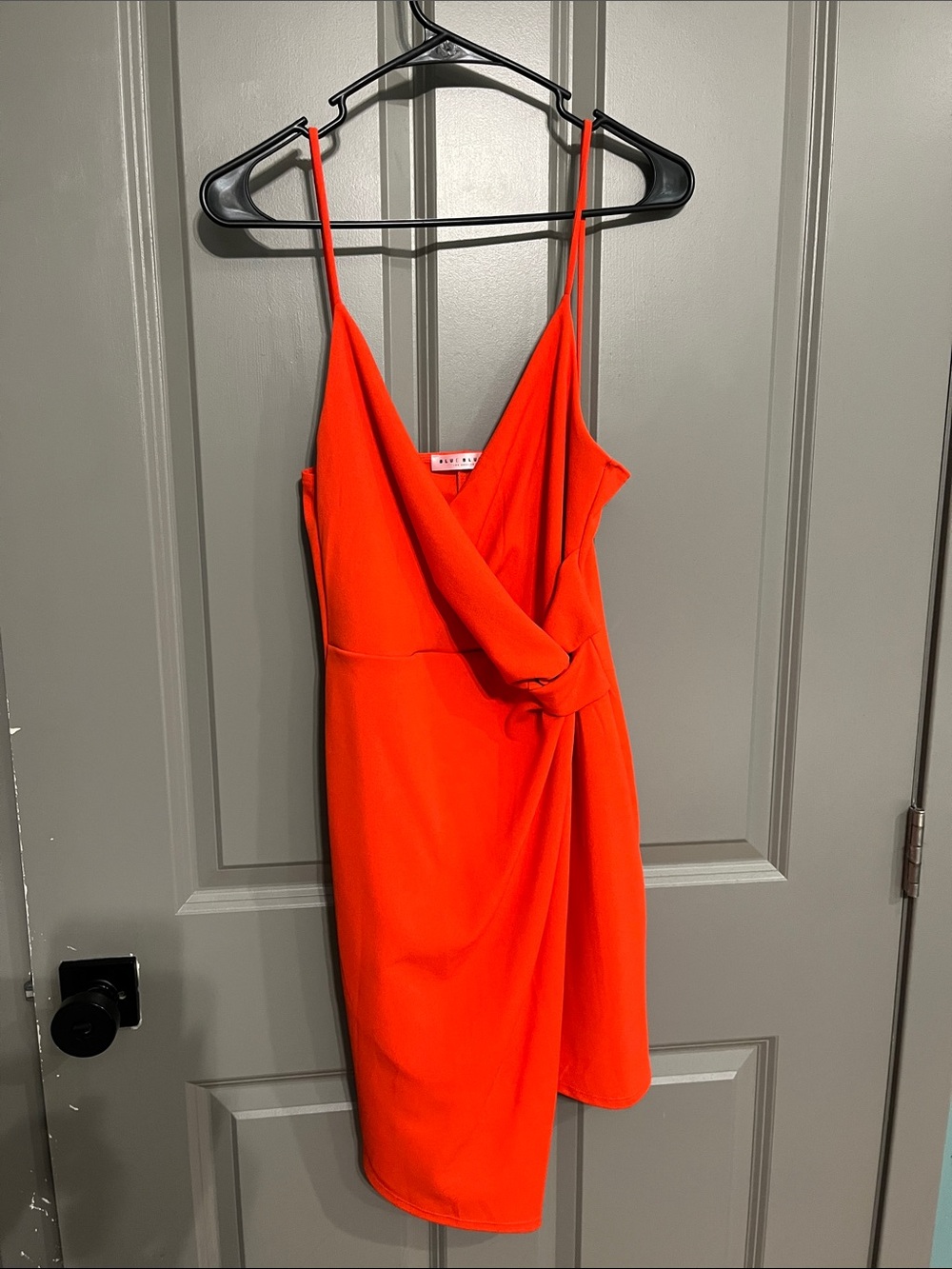 Blue Blush Vibrant Orange Wrap-Style Spaghetti Strap Mini Dress